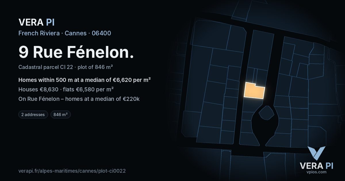 9 Rue Fénelon, Cannes at night – the plot lit, the parcels around coloured by the prices near them