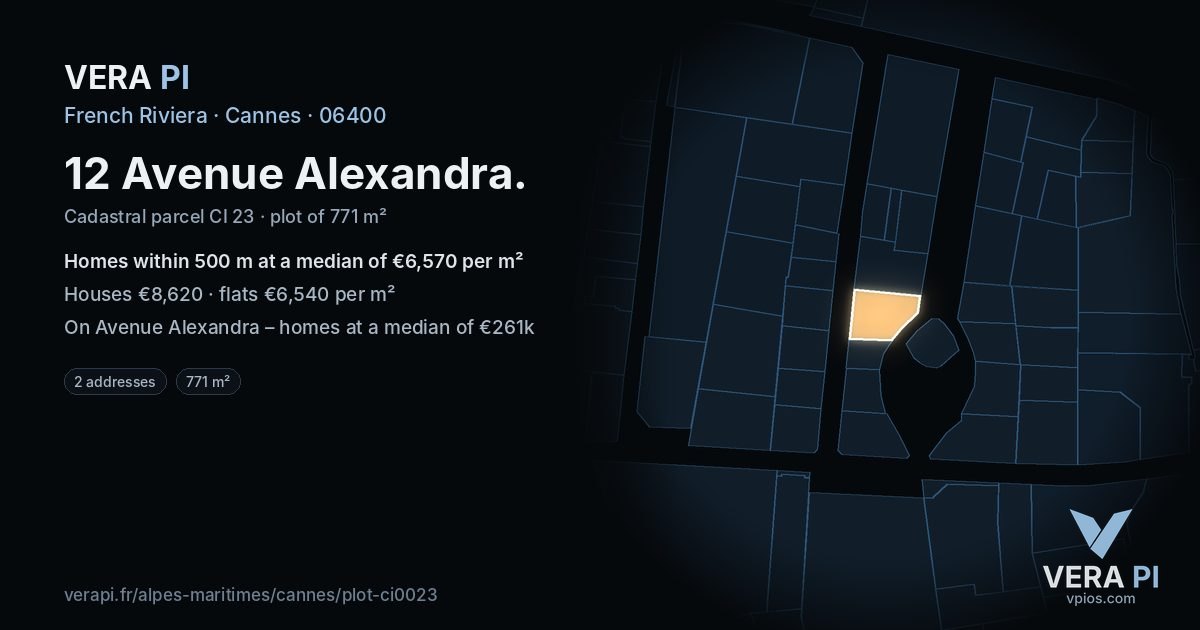 12 Avenue Alexandra, Cannes at night – the plot lit, the parcels around coloured by the prices near them