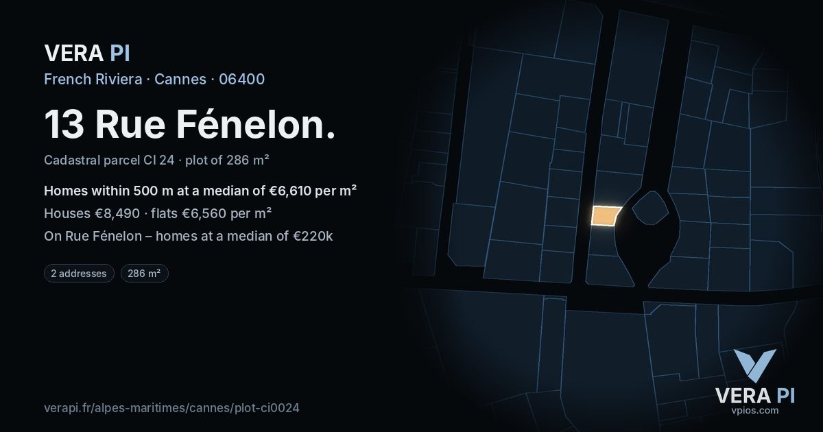 13 Rue Fénelon, Cannes at night – the plot lit, the parcels around coloured by the prices near them