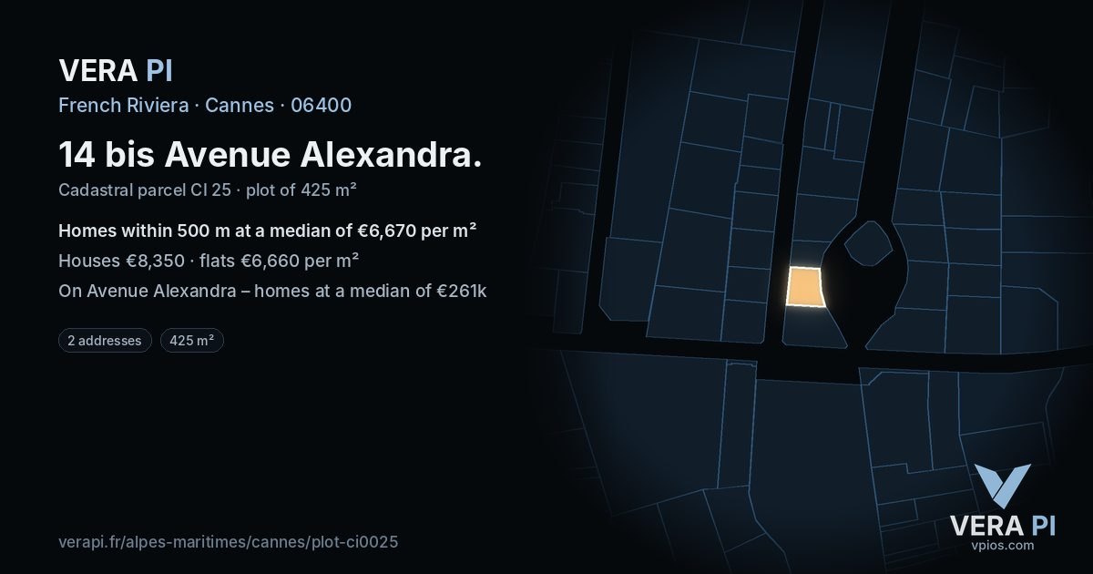 14 bis Avenue Alexandra, Cannes at night – the plot lit, the parcels around coloured by the prices near them