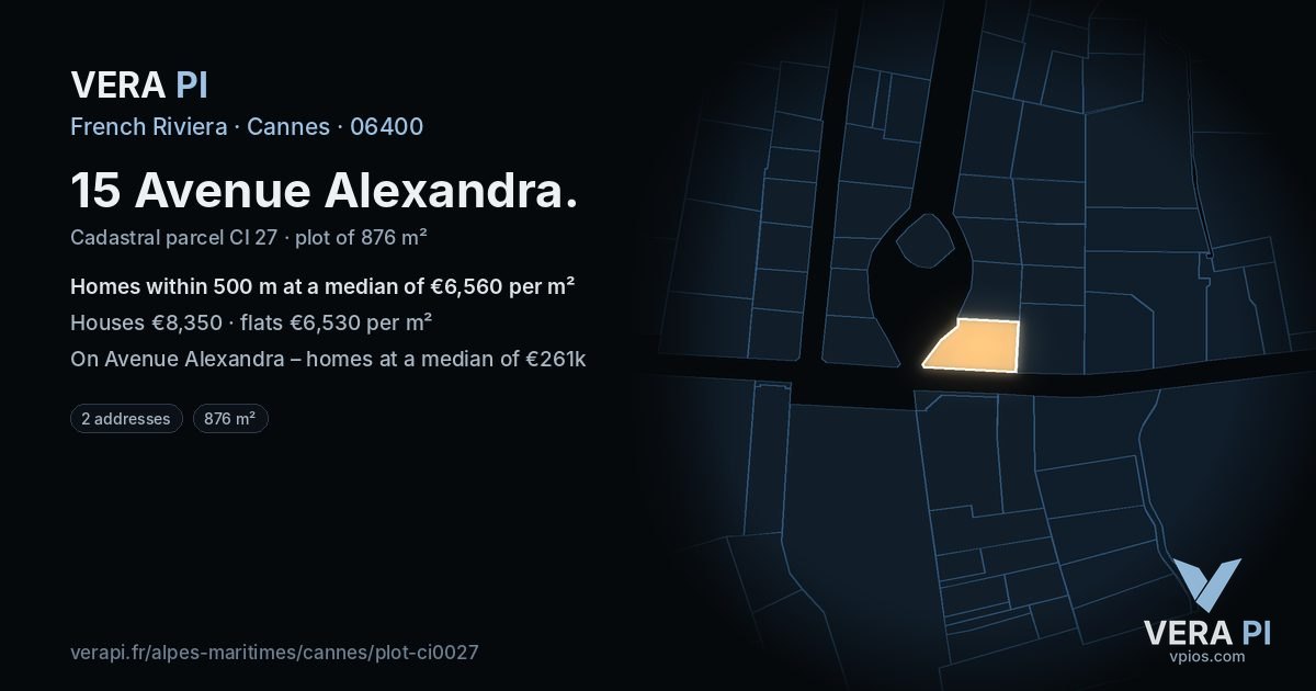 15 Avenue Alexandra, Cannes at night – the plot lit, the parcels around coloured by the prices near them