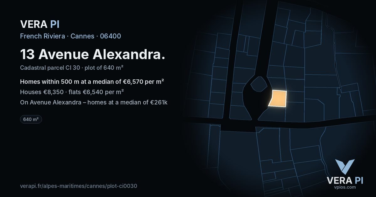13 Avenue Alexandra, Cannes at night – the plot lit, the parcels around coloured by the prices near them