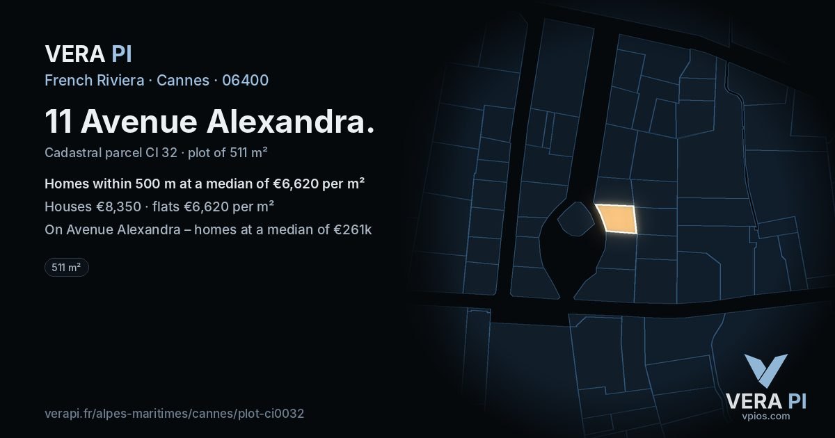 11 Avenue Alexandra, Cannes at night – the plot lit, the parcels around coloured by the prices near them