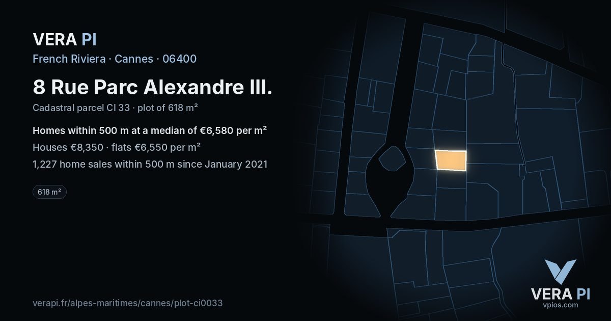 8 Rue Parc Alexandre III, Cannes at night – the plot lit, the parcels around coloured by the prices near them