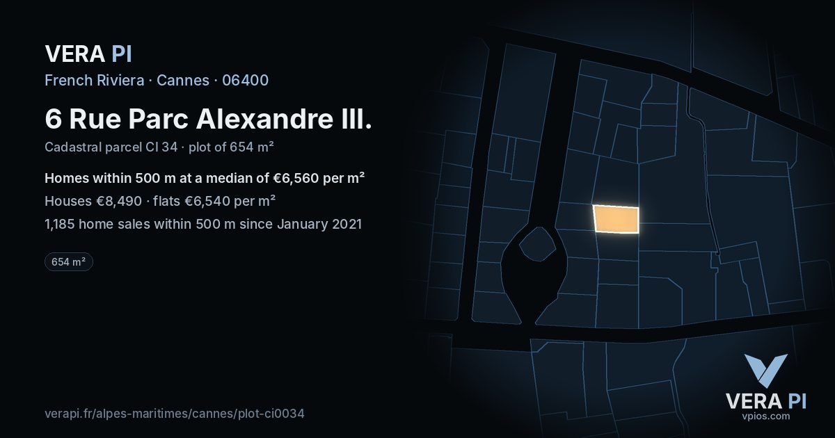 6 Rue Parc Alexandre III, Cannes at night – the plot lit, the parcels around coloured by the prices near them