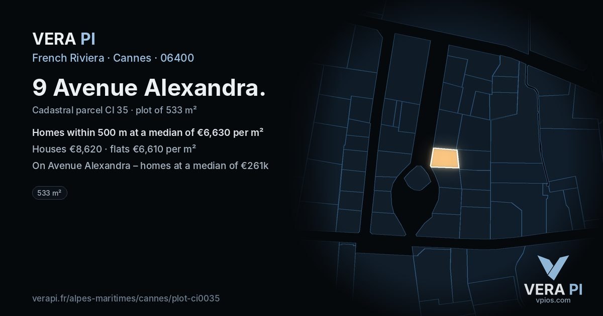 9 Avenue Alexandra, Cannes at night – the plot lit, the parcels around coloured by the prices near them