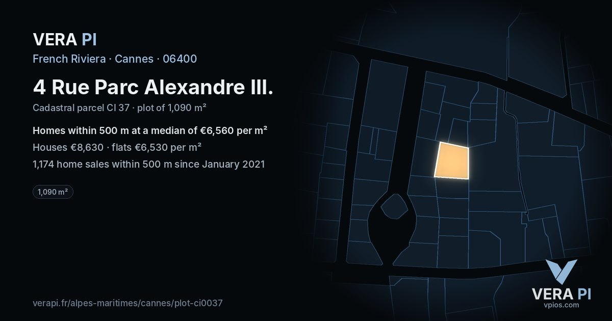 4 Rue Parc Alexandre III, Cannes at night – the plot lit, the parcels around coloured by the prices near them