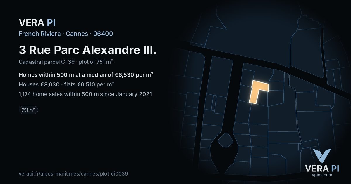 3 Rue Parc Alexandre III, Cannes at night – the plot lit, the parcels around coloured by the prices near them