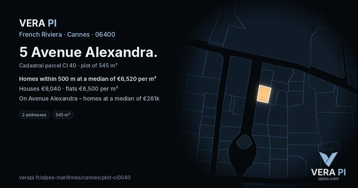 5 Avenue Alexandra, Cannes at night – the plot lit, the parcels around coloured by the prices near them