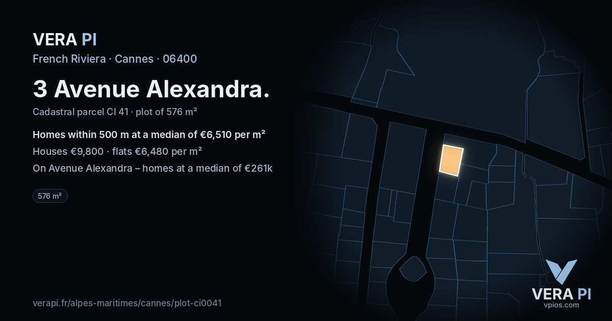 3 Avenue Alexandra, Cannes at night – the plot lit, the parcels around coloured by the prices near them