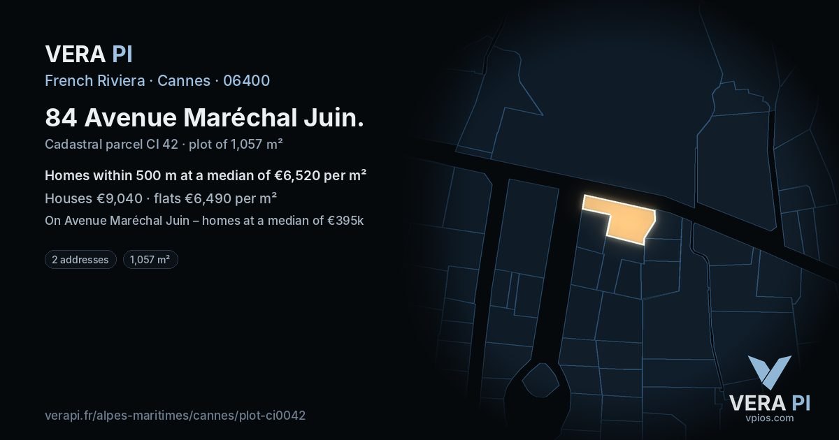 84 Avenue Maréchal Juin, Cannes at night – the plot lit, the parcels around coloured by the prices near them