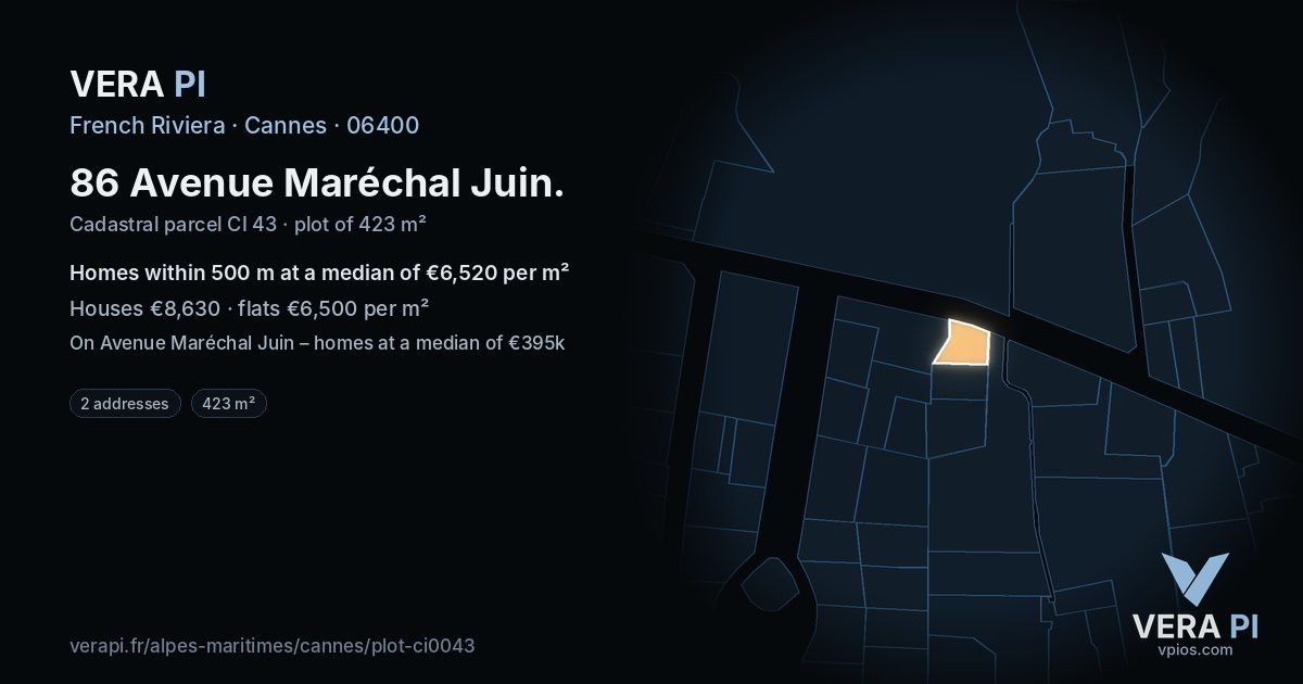 86 Avenue Maréchal Juin, Cannes at night – the plot lit, the parcels around coloured by the prices near them
