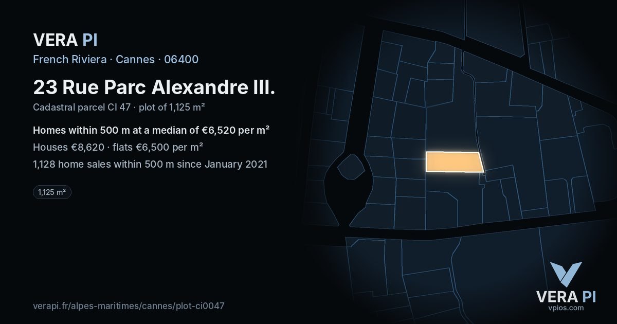 23 Rue Parc Alexandre III, Cannes at night – the plot lit, the parcels around coloured by the prices near them