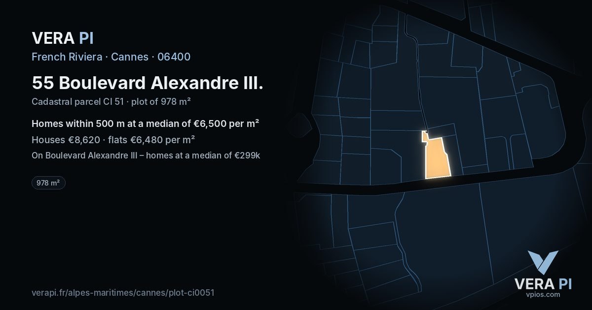 55 Boulevard Alexandre III, Cannes at night – the plot lit, the parcels around coloured by the prices near them