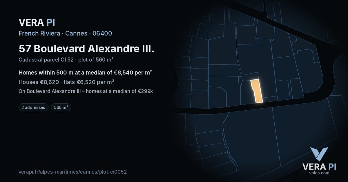 57 Boulevard Alexandre III, Cannes at night – the plot lit, the parcels around coloured by the prices near them