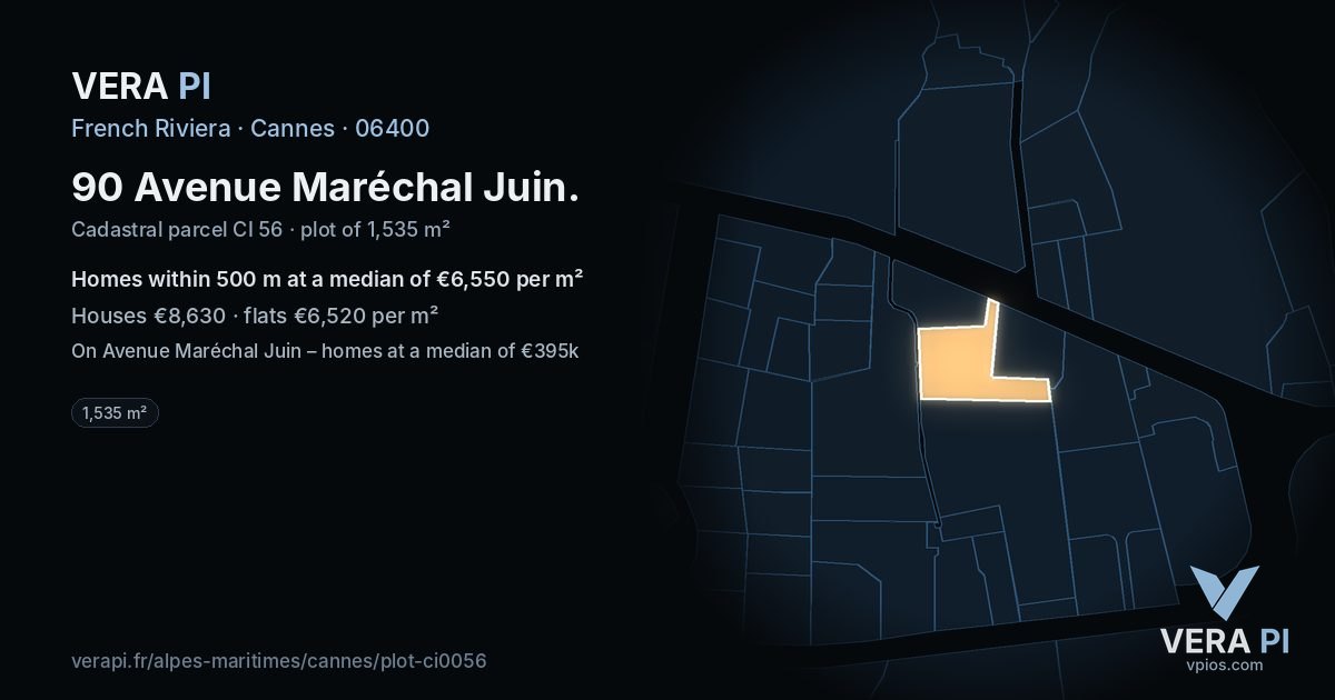 90 Avenue Maréchal Juin, Cannes at night – the plot lit, the parcels around coloured by the prices near them