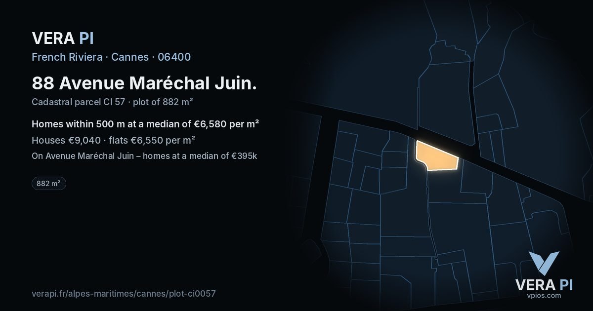 88 Avenue Maréchal Juin, Cannes at night – the plot lit, the parcels around coloured by the prices near them