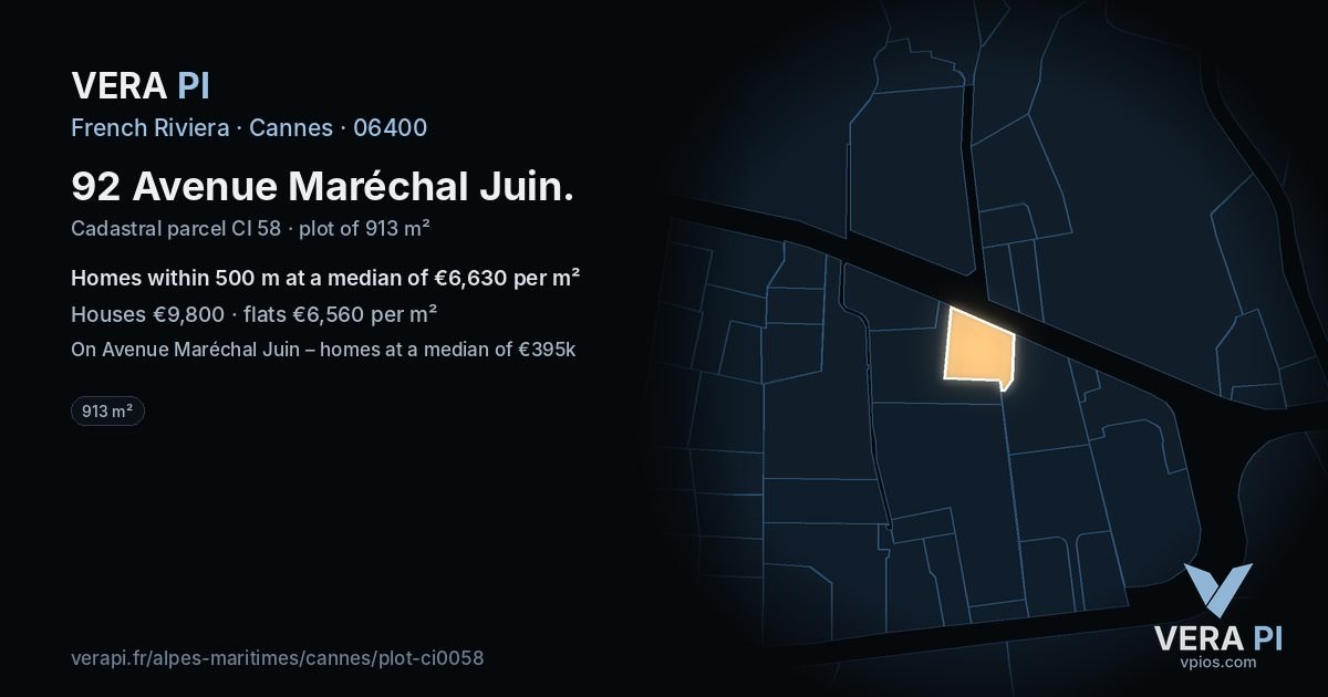 92 Avenue Maréchal Juin, Cannes at night – the plot lit, the parcels around coloured by the prices near them