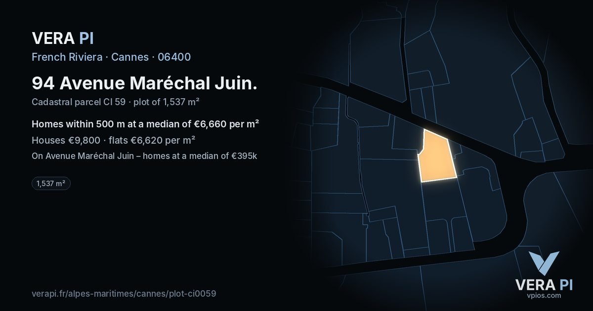 94 Avenue Maréchal Juin, Cannes at night – the plot lit, the parcels around coloured by the prices near them