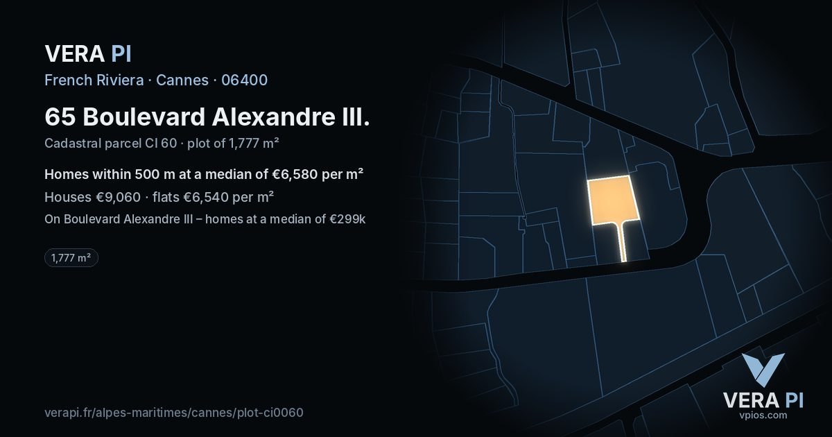 65 Boulevard Alexandre III, Cannes at night – the plot lit, the parcels around coloured by the prices near them