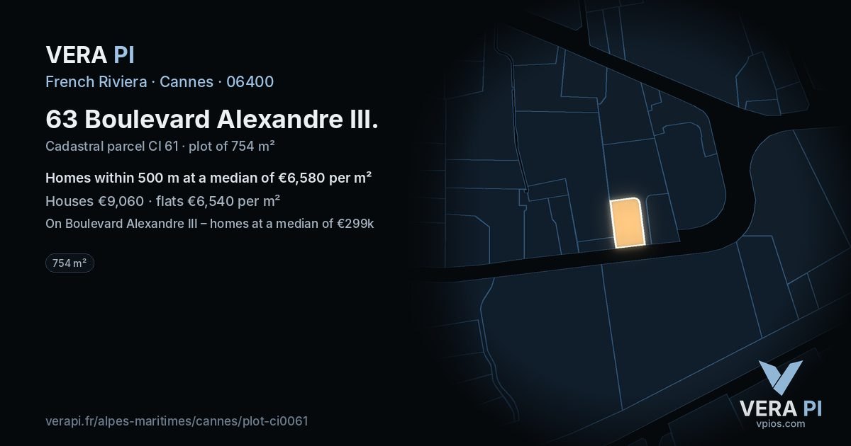 63 Boulevard Alexandre III, Cannes at night – the plot lit, the parcels around coloured by the prices near them
