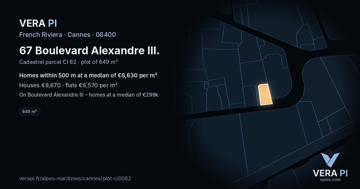 67 Boulevard Alexandre III, Cannes at night – the plot lit, the parcels around coloured by the prices near them
