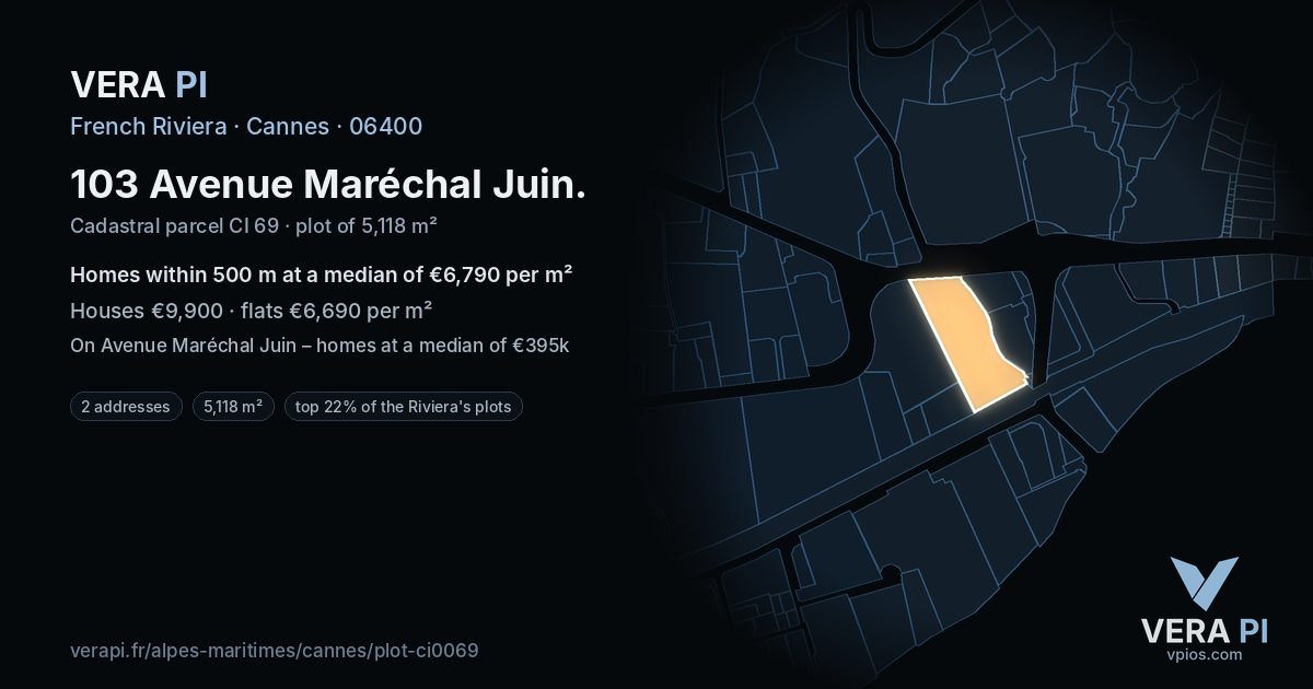 103 Avenue Maréchal Juin, Cannes at night – the plot lit, the parcels around coloured by the prices near them