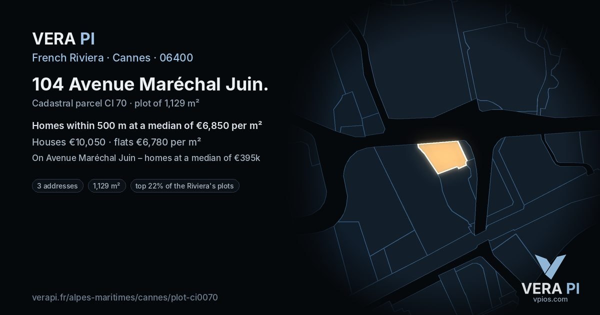 104 Avenue Maréchal Juin, Cannes at night – the plot lit, the parcels around coloured by the prices near them