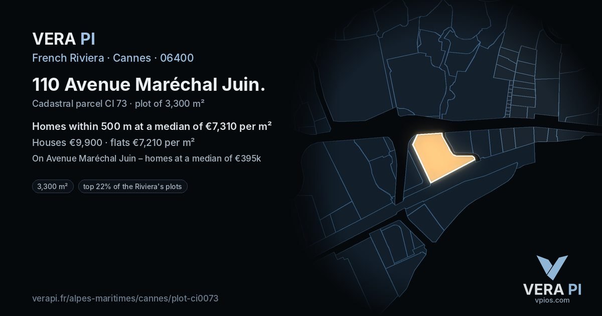 110 Avenue Maréchal Juin, Cannes at night – the plot lit, the parcels around coloured by the prices near them