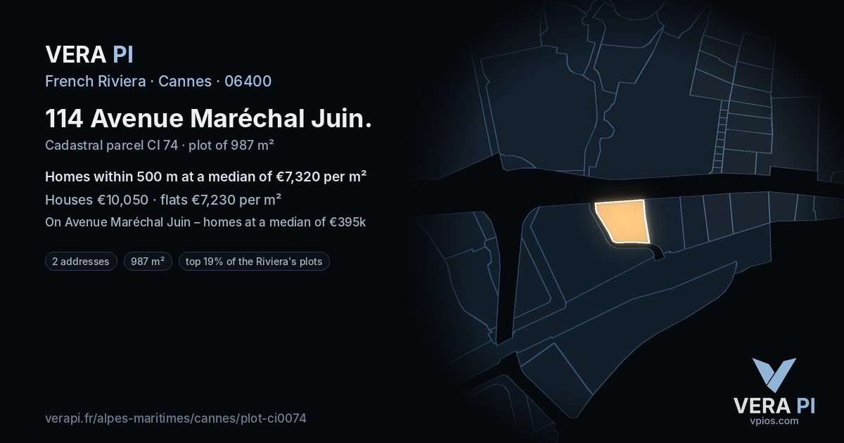 114 Avenue Maréchal Juin, Cannes at night – the plot lit, the parcels around coloured by the prices near them