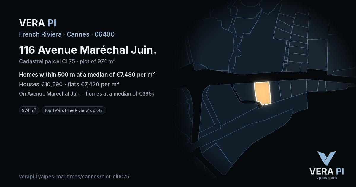 116 Avenue Maréchal Juin, Cannes at night – the plot lit, the parcels around coloured by the prices near them
