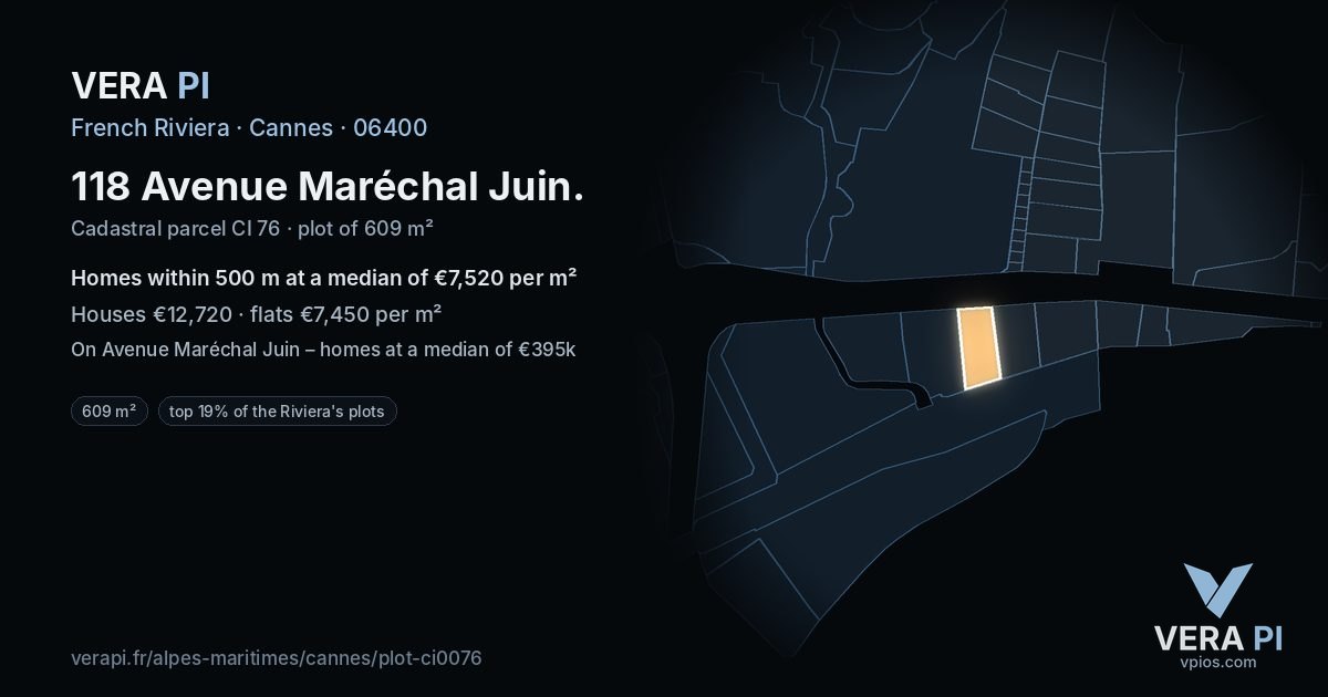 118 Avenue Maréchal Juin, Cannes at night – the plot lit, the parcels around coloured by the prices near them