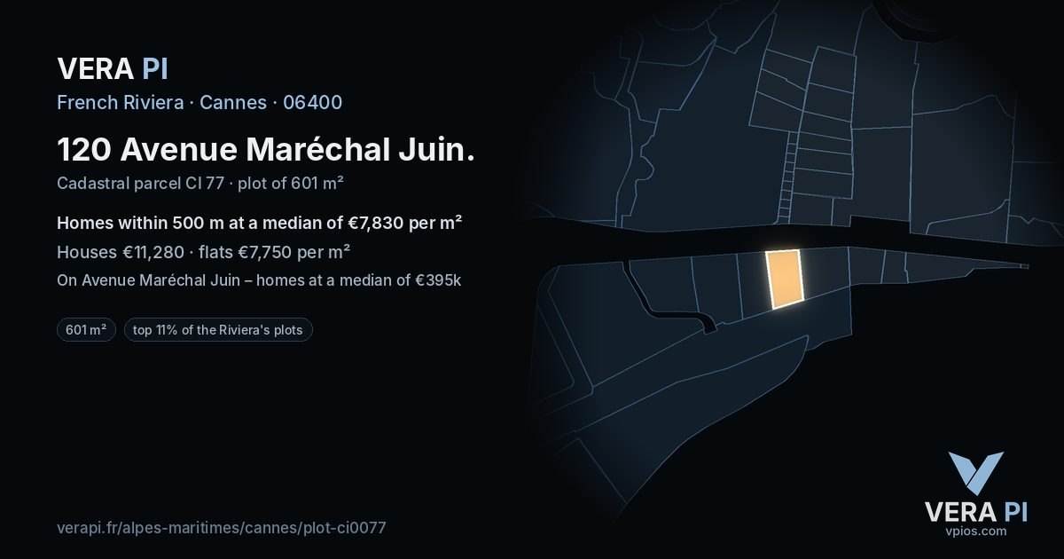 120 Avenue Maréchal Juin, Cannes at night – the plot lit, the parcels around coloured by the prices near them