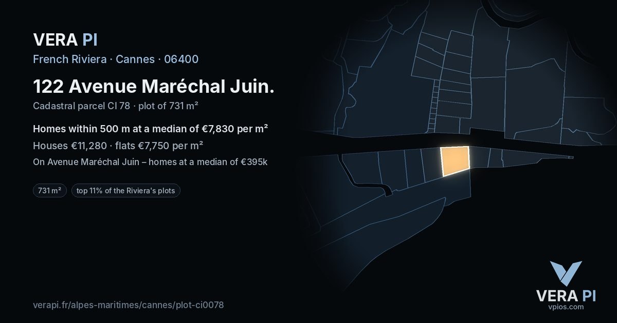 122 Avenue Maréchal Juin, Cannes at night – the plot lit, the parcels around coloured by the prices near them