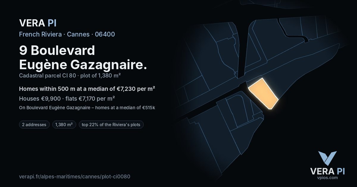 9 Boulevard Eugène Gazagnaire, Cannes at night – the plot lit, the parcels around coloured by the prices near them