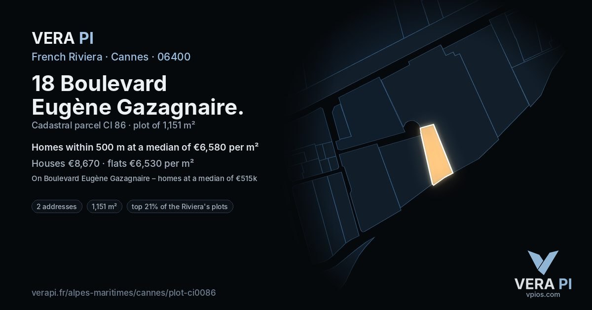 18 Boulevard Eugène Gazagnaire, Cannes at night – the plot lit, the parcels around coloured by the prices near them