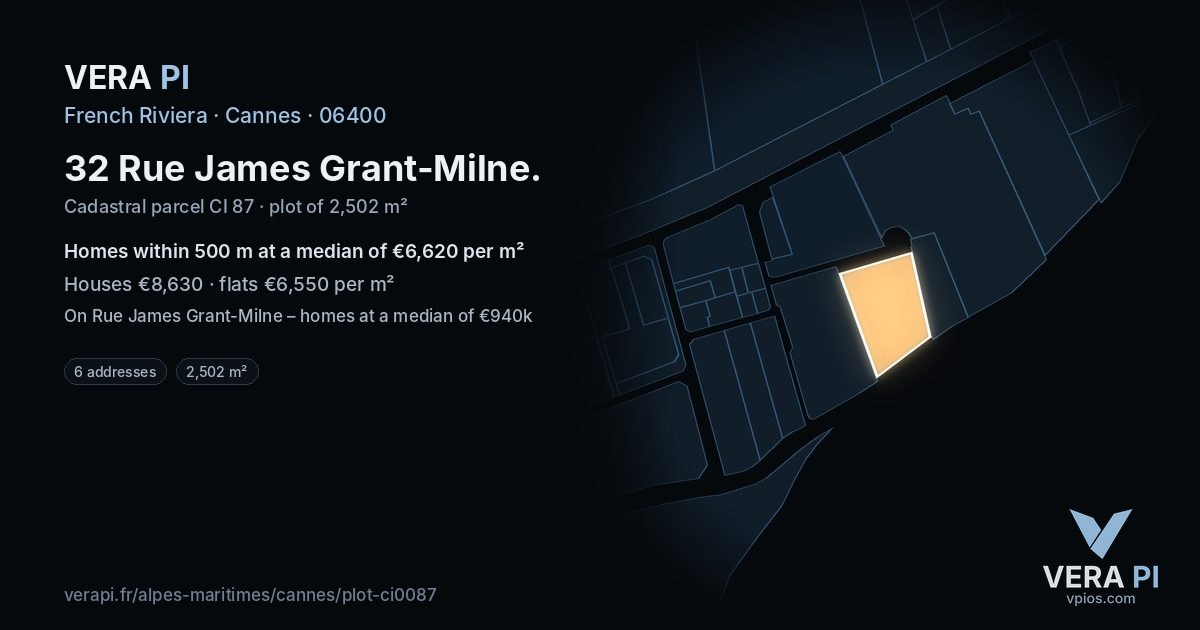 32 Rue James Grant-Milne, Cannes at night – the plot lit, the parcels around coloured by the prices near them