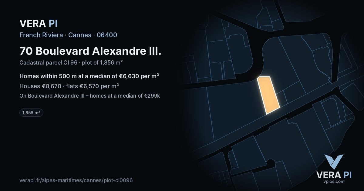 70 Boulevard Alexandre III, Cannes at night – the plot lit, the parcels around coloured by the prices near them