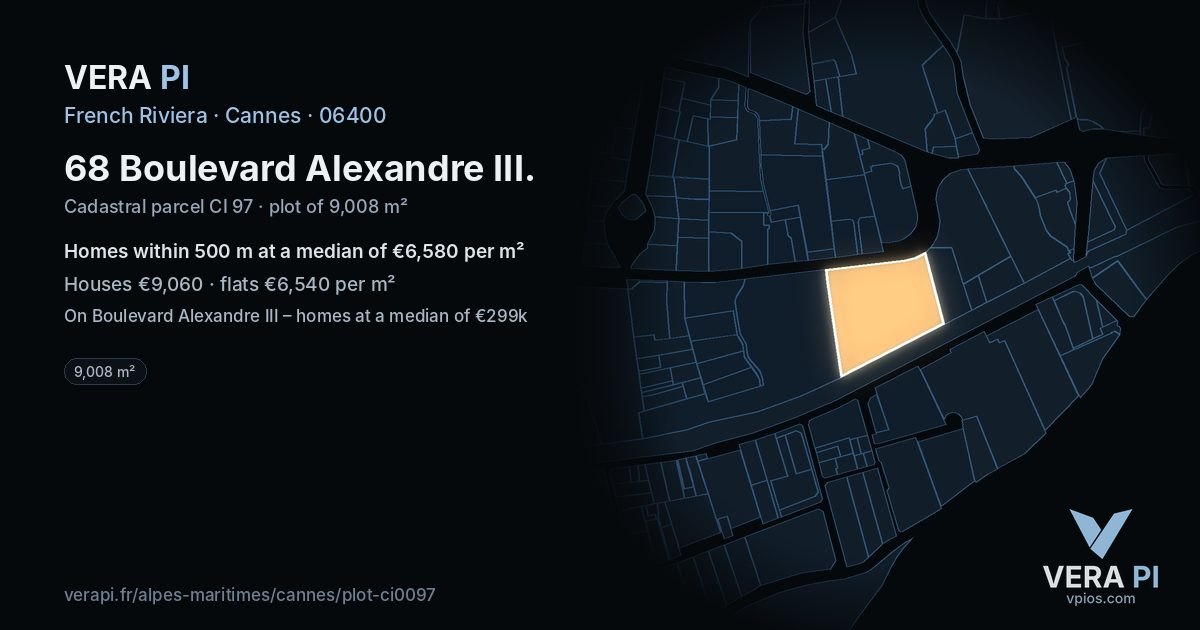 68 Boulevard Alexandre III, Cannes at night – the plot lit, the parcels around coloured by the prices near them