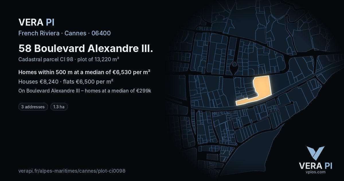 58 Boulevard Alexandre III, Cannes at night – the plot lit, the parcels around coloured by the prices near them