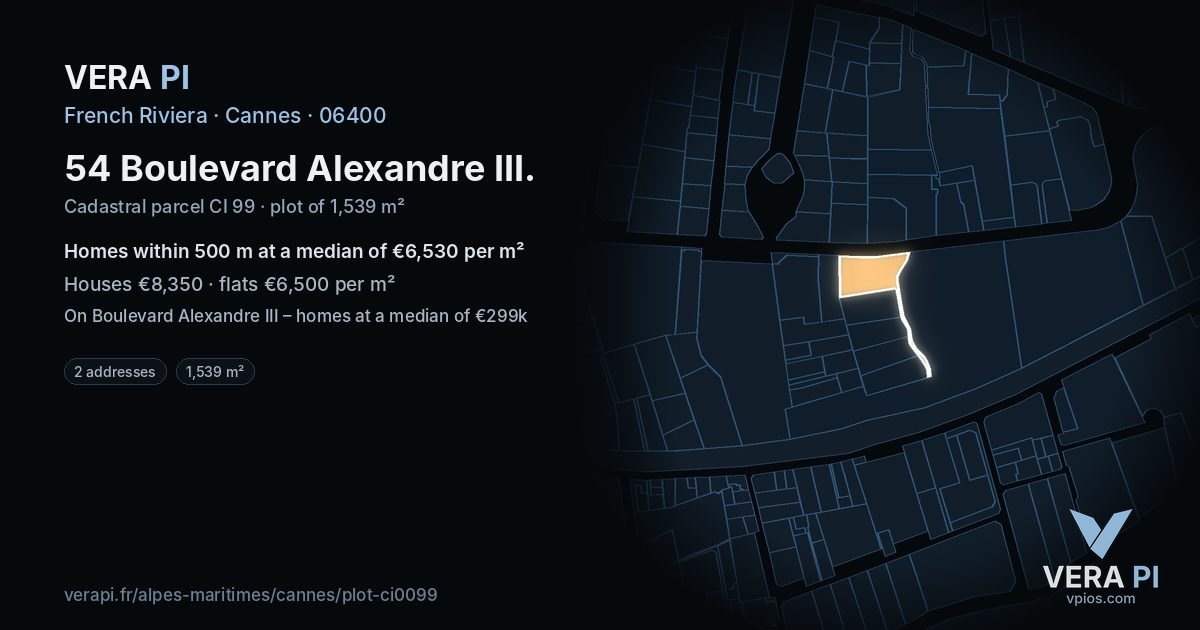 54 Boulevard Alexandre III, Cannes at night – the plot lit, the parcels around coloured by the prices near them