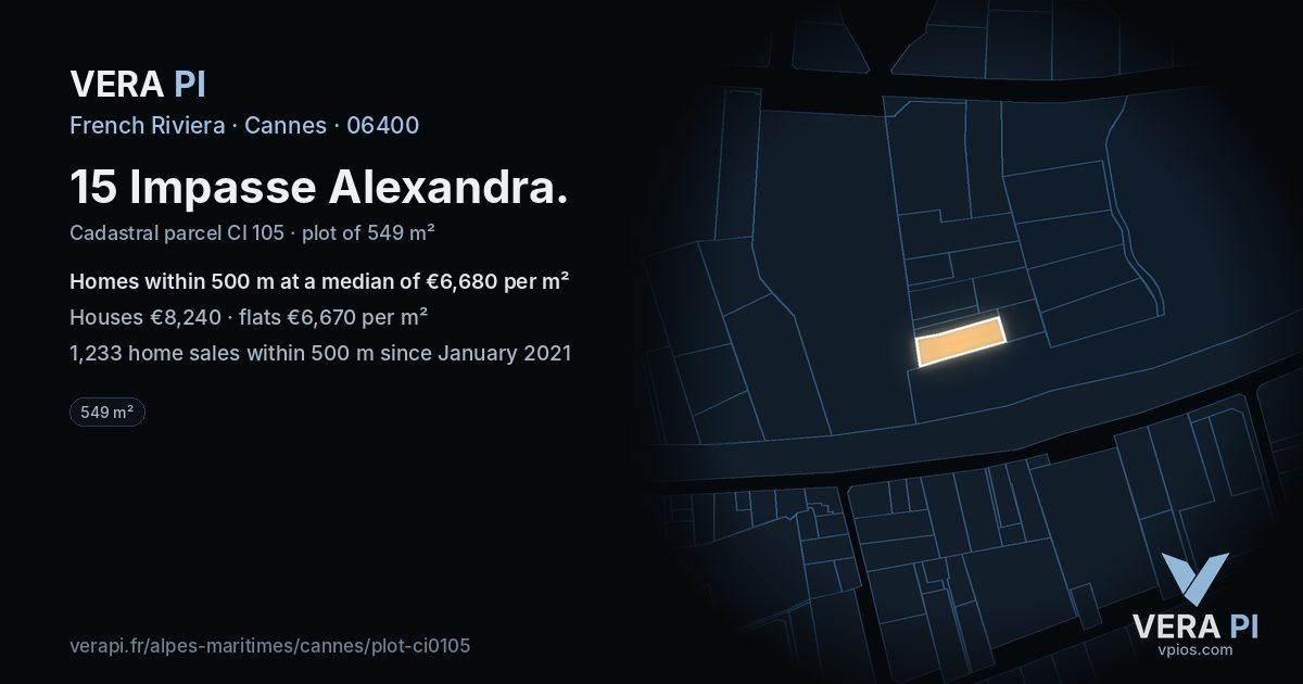 15 Impasse Alexandra, Cannes at night – the plot lit, the parcels around coloured by the prices near them