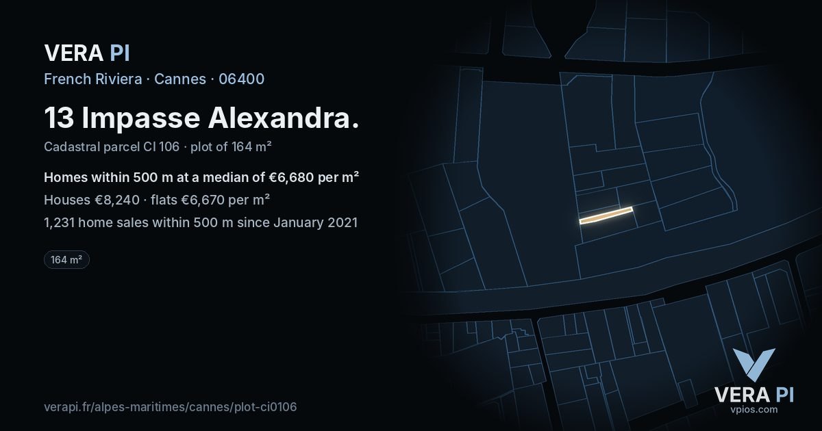 13 Impasse Alexandra, Cannes at night – the plot lit, the parcels around coloured by the prices near them