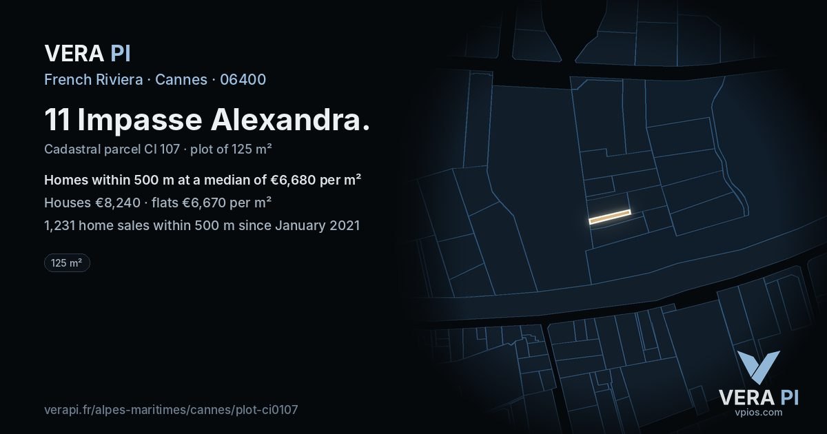 11 Impasse Alexandra, Cannes at night – the plot lit, the parcels around coloured by the prices near them