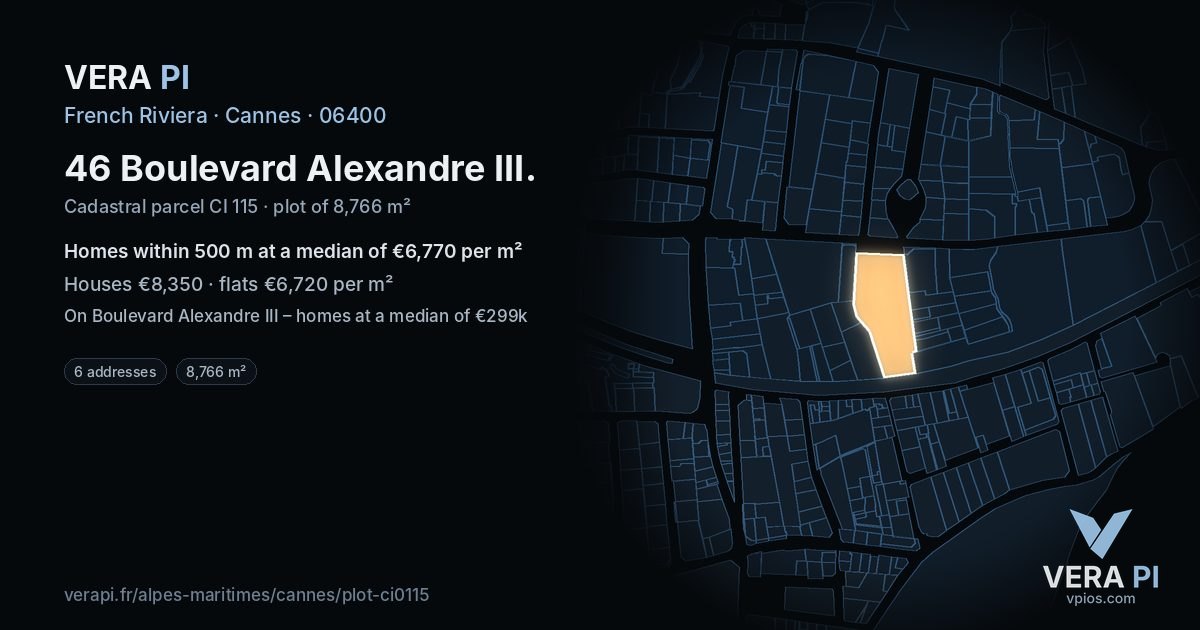 46 Boulevard Alexandre III, Cannes at night – the plot lit, the parcels around coloured by the prices near them