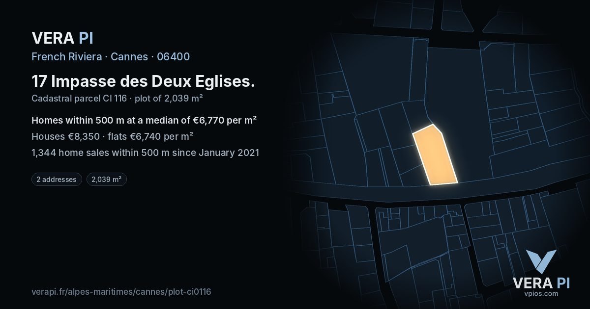 17 Impasse des Deux Eglises, Cannes at night – the plot lit, the parcels around coloured by the prices near them