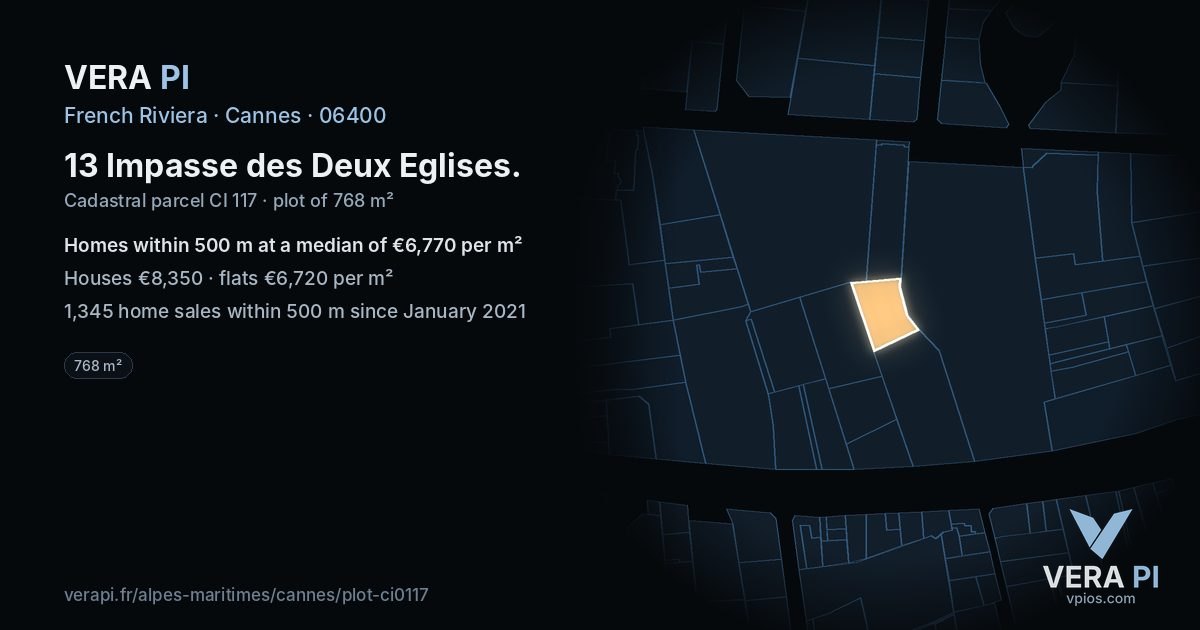 13 Impasse des Deux Eglises, Cannes at night – the plot lit, the parcels around coloured by the prices near them