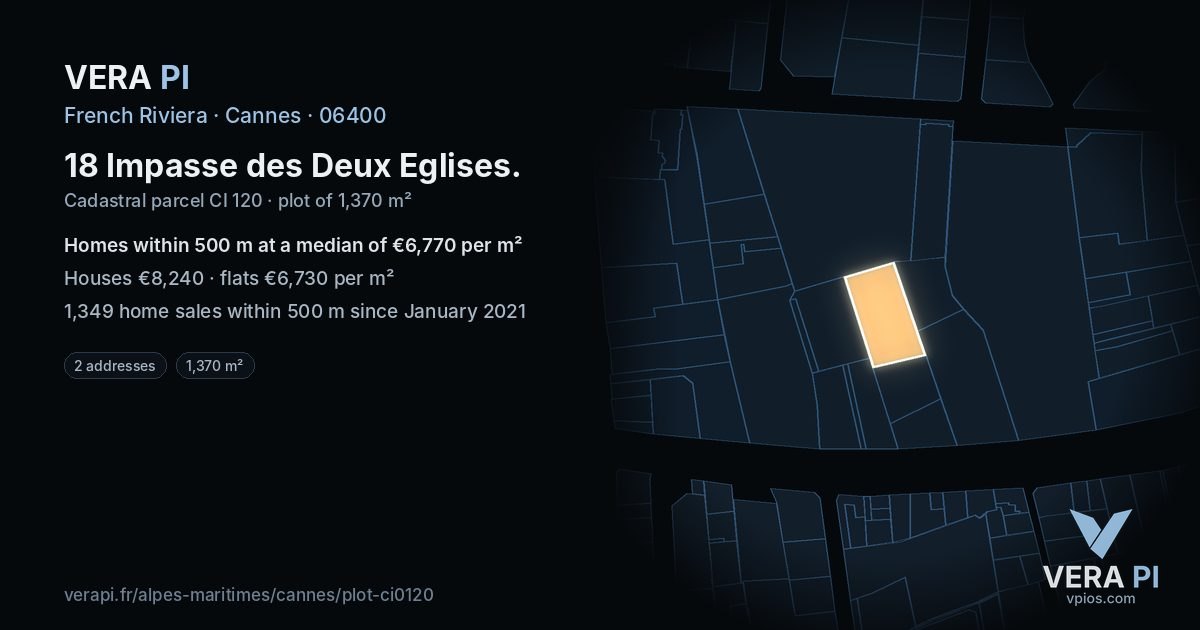 18 Impasse des Deux Eglises, Cannes at night – the plot lit, the parcels around coloured by the prices near them