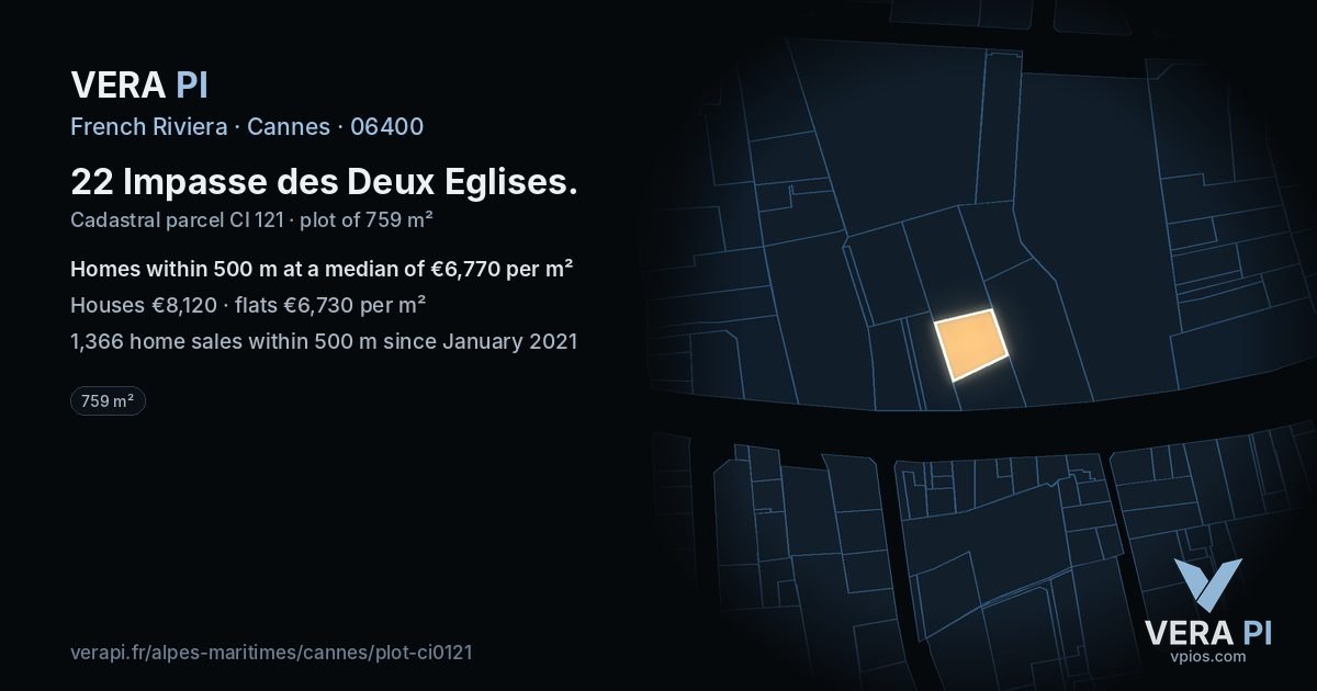 22 Impasse des Deux Eglises, Cannes at night – the plot lit, the parcels around coloured by the prices near them