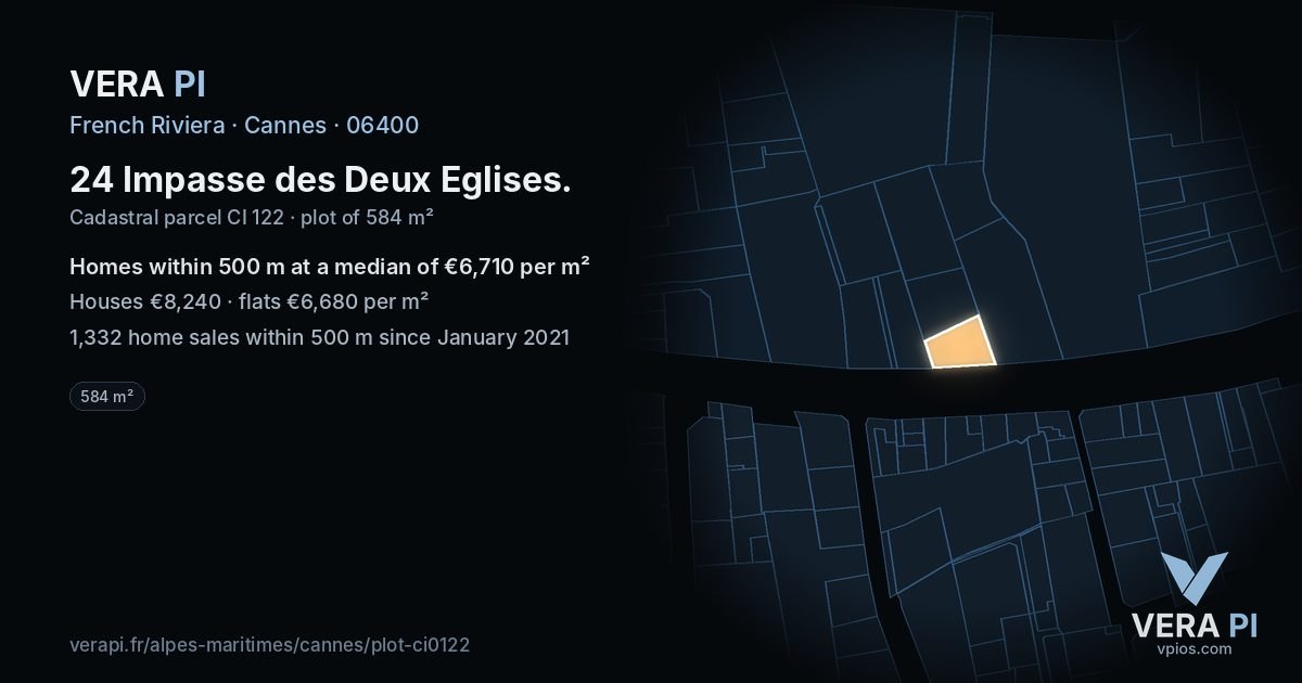 24 Impasse des Deux Eglises, Cannes at night – the plot lit, the parcels around coloured by the prices near them